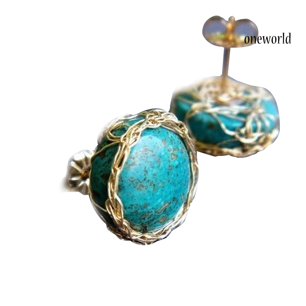 OW@ Vintage Women Round Faux Turquoise Windy Wrapped Stud Earrings Jewelry Gift