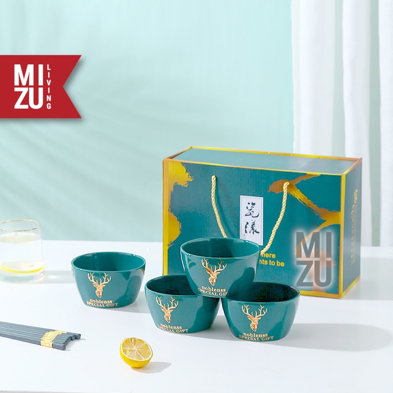 MIZU HIRSCH 4SET Modern Ceramic Bowl Chopsticks Gift Set Mangkok Sumpit