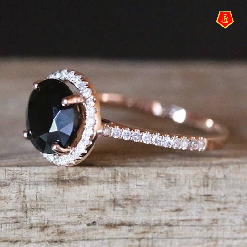 [Ready Stock]Inlaid Black Gem Rose Gold Ring Fashionable and Elegant