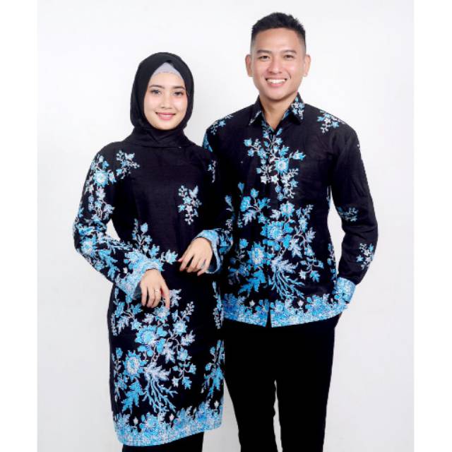 Batik couple kemeja tunik motif sakura biru katun halus