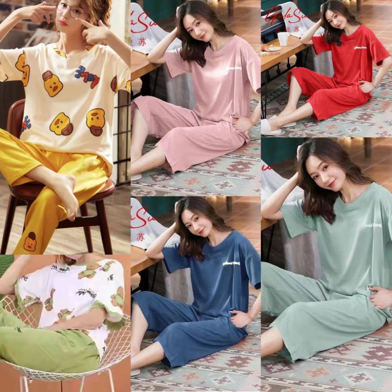 RULIF BAJU TIDUR WANITA Lengan pendek katun / Piyama celana 7/8 wanita import kaos knit