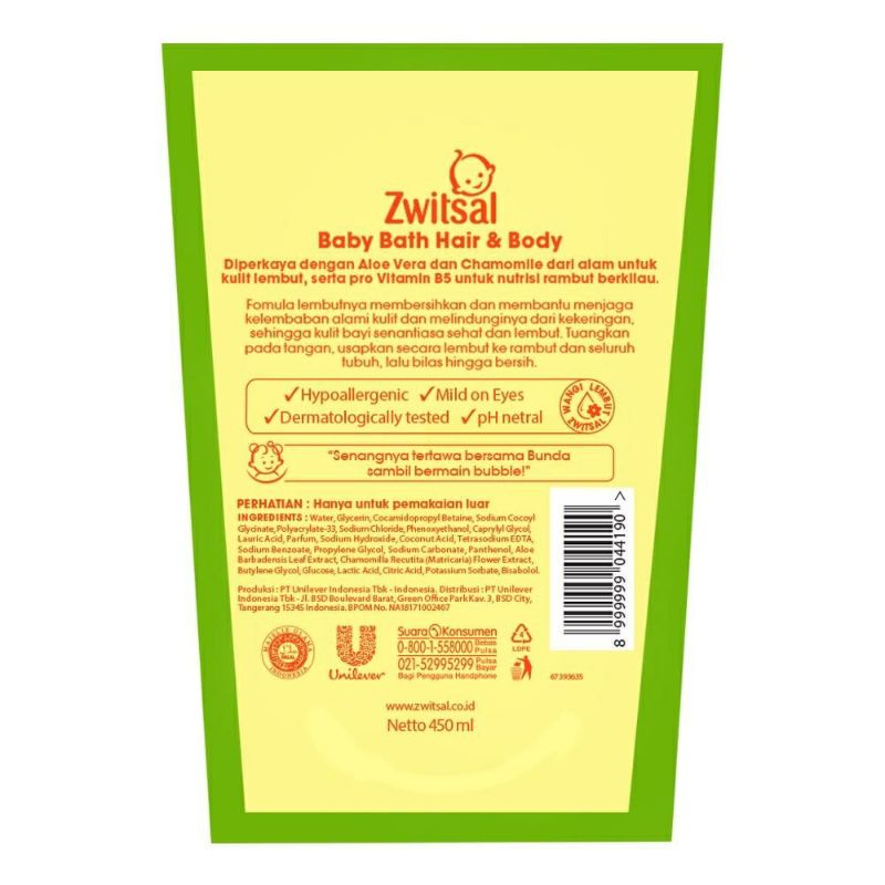 Zwitsal Baby Bath Hair &amp; Body 450 ml