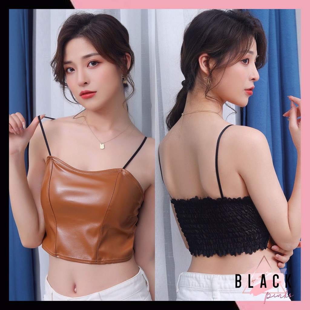 Blackpink TankTop Wanita Leather Suspender  Crop Tank Top Bralette Kulit Wanita Import 1221