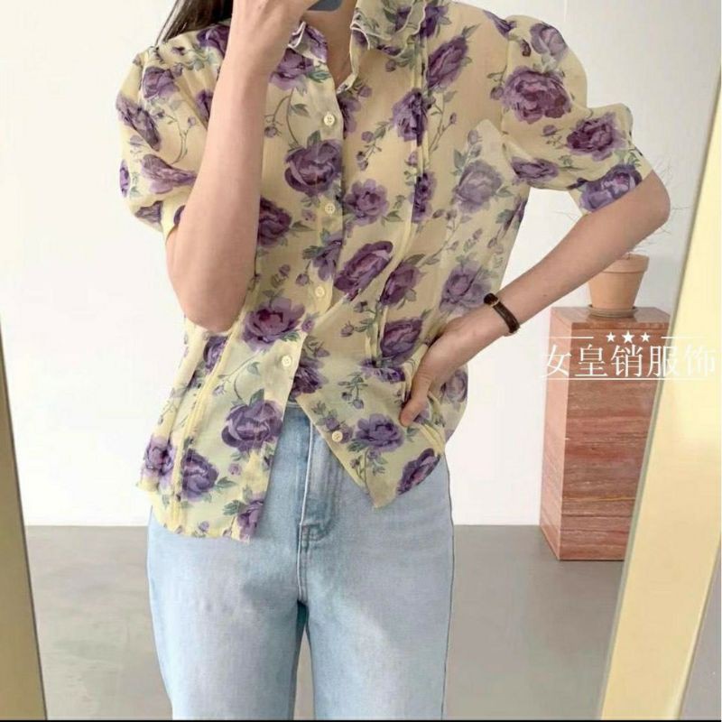 Atasan Blouse Wanita Floral Rosery Blouse Import Blouse Chiffon