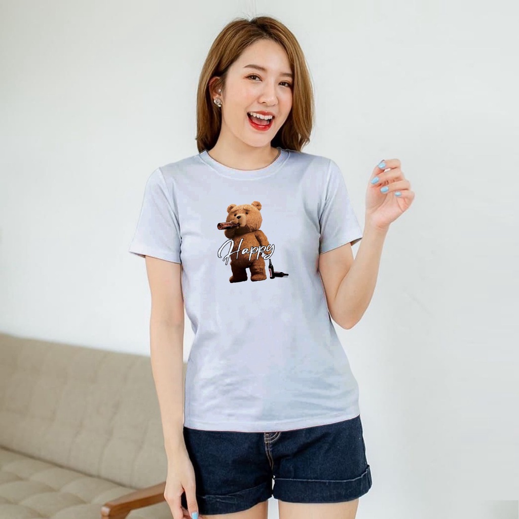 ISANNY SIZE.S M L XL XXL 2209-00034 BEAR HAPPY / KAOS OBLONG / KAOS CEWEK / ATASAN WANITA / READY STOCK