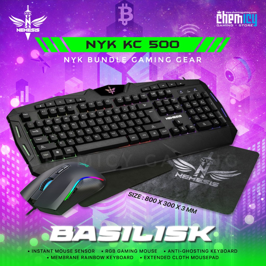 NYK KC500 Basilisk Gaming Keyboard Mouse Mousepad Bundle