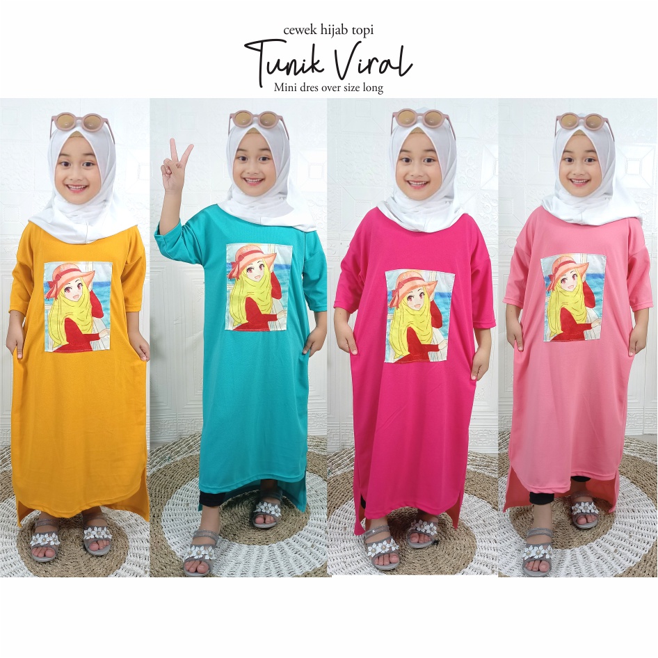 Gamis Anak Viral Mini Dress Over Size Long Tunik Cewek Hijab Topi CF Kids