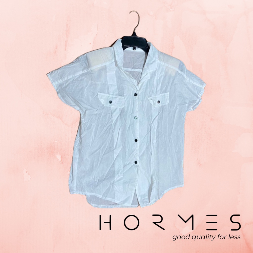 Puzzle5 Kemeja Putih Polos cewek atasan Lengan Pendek Kantong Imitasi