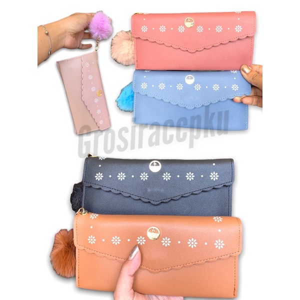 Dompet Wanita Panjang modern + Gantungan Pom pom Satuan murah meriah