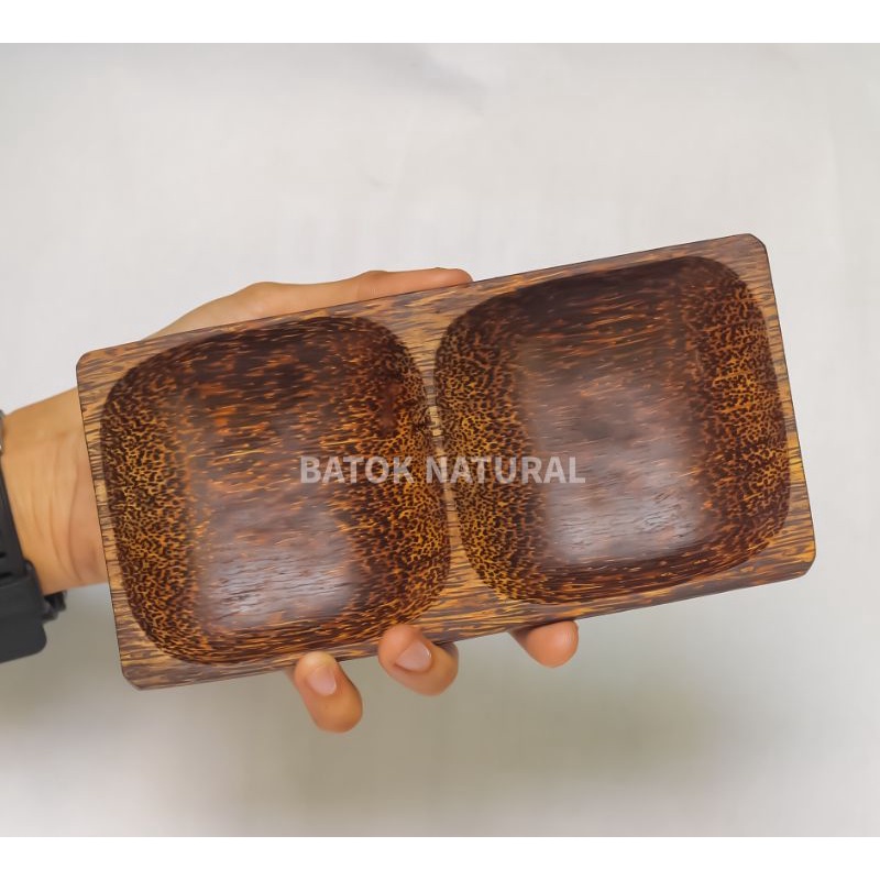 TEMPAT SAMBAL KOTAK 2 LUBANG KAYU AREN PANJANG 20CM WOODCRAFT KERAJINAN