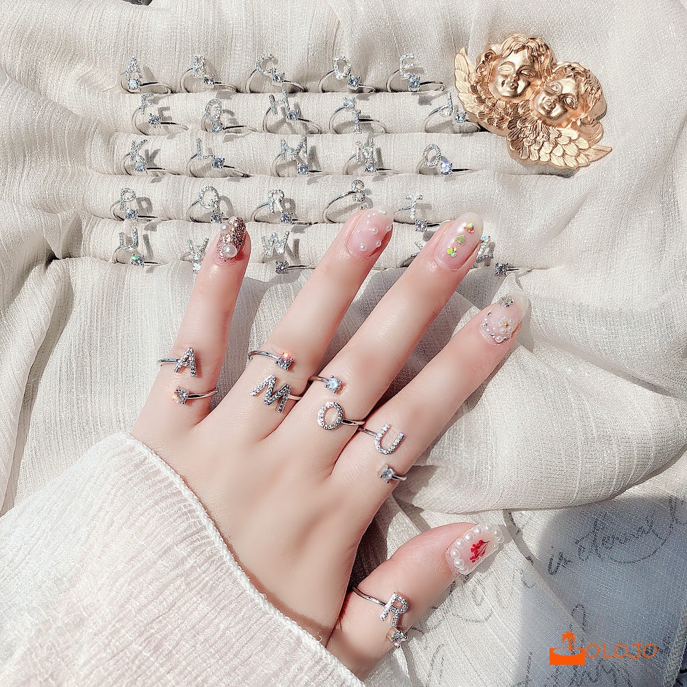 OLOJO 1Pc Cincin Terbuka Adjustable Motif Huruf Alfabet Inggris Hias Berlian Imitasi Untuk Wanita