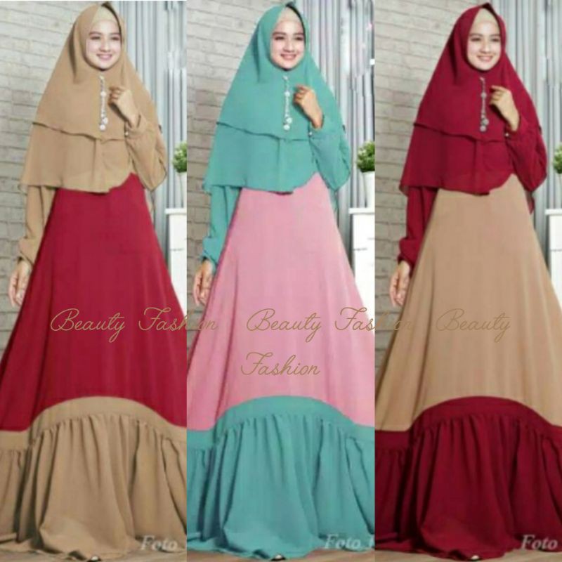 Big sale Gamis  Pesta Syari  Glamour Ceruty Babydoll 2Tone Impor set Khimar