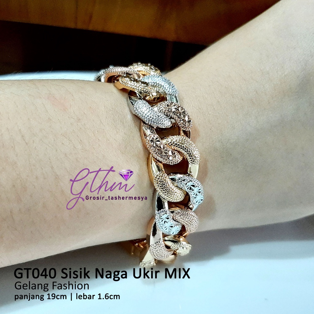 Gelang Tangan Sisik Naga Ukir Kombinasi Gold-Silver Perhiasan Fashion Import Kualitas Premium GT040