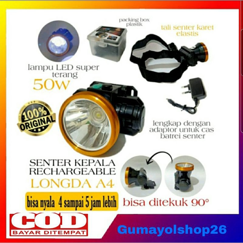 Cod Headlamp / Senter Kepala LED 50W Rechargeable RL A4