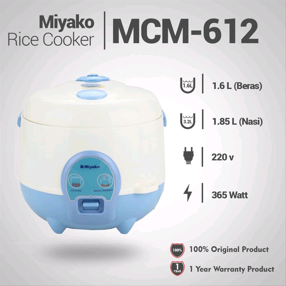 Jual rice cooker miyako MCM-612 kapasitas 1,2 liter putih 3 in 1
