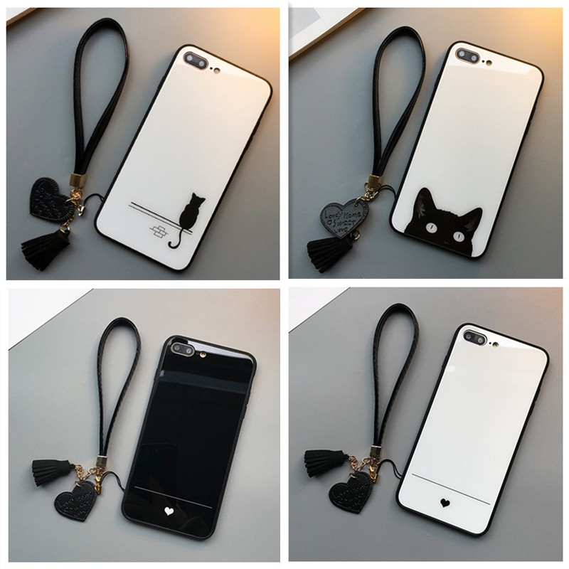 Casing Case TPU + Tempered Glass Motif Kucing + Hati untuk iPhone 6 / 7 / 8 / X / X