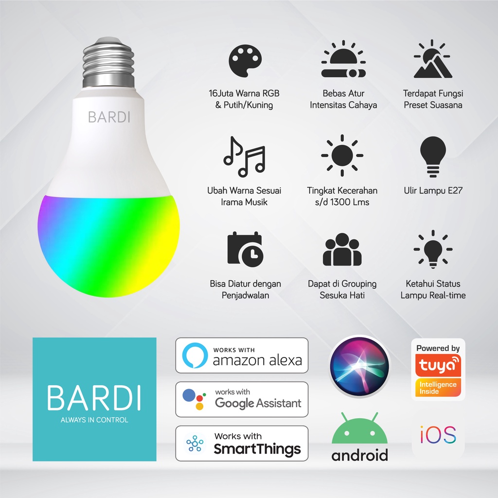 BARDI Smart LIGHT BULB RGBWW 12W Wifi Wireless IoT - Home Automation (Lampu Tidur Kekinian)