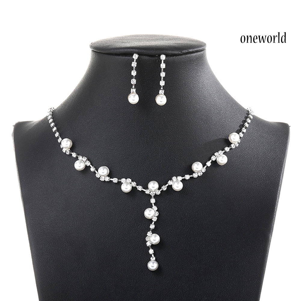 OW@ Fashion Women Rhinestone Faux Pearl Pendant Necklace Stud Earrings Jewelry Set