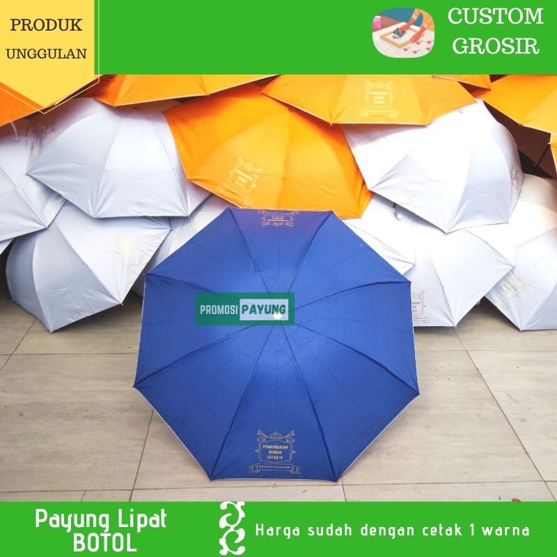 [ PAYUNG CUSTOM GROSIR ] Payung lipat 3 bungkus botol rangka anti angin sablon cetak 1 warna