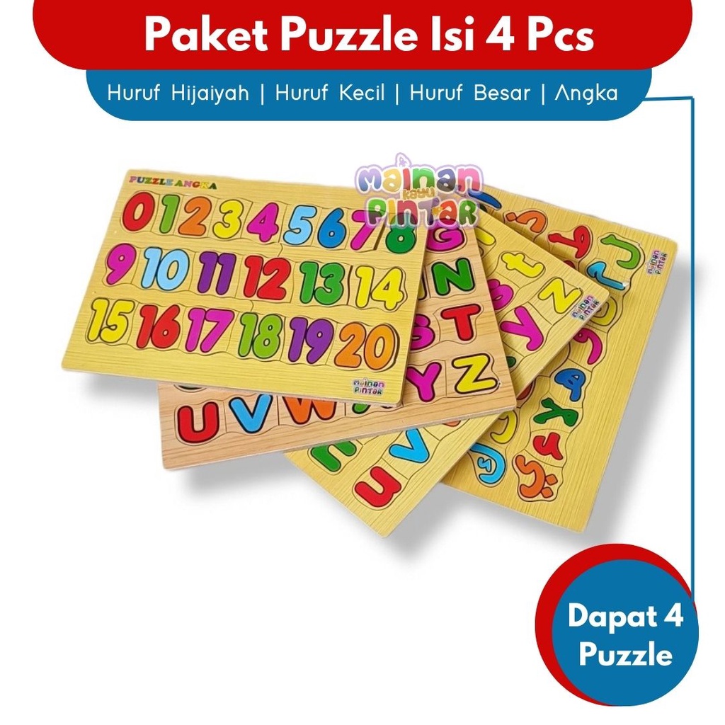 Mainan Edukasi Anak Paket Puzzle Kayu Isi 4 Huruf Hijaiyah Arab Huruf Besar Kecil Angka 0-20