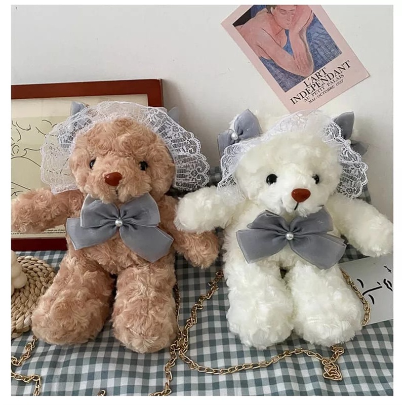 &quot;aurabagss&quot; - Tas Wanita Tas Selempang Beruang Medley Teddy Bear Bulu Lucu Imut Gemoy Selempang Beruang / Tas Bulu Beruang Pita Abu