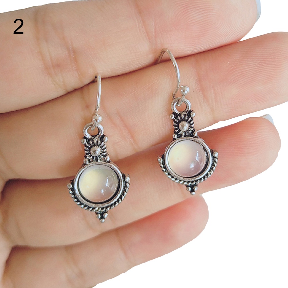 Hu Hu Hu Hu Hu Alat Bantu Pasang Kacamata♡ Anting Kait Gantung Wanita Desain Bulat Hollow Hias Moonstone Imitasi Gaya Vintage Untuk Hadiah