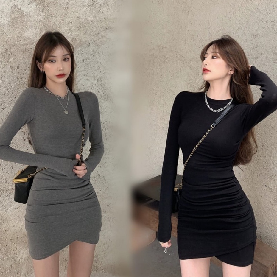 Long Sleeve Mini Dress Bodycon Dress Wanita Lengan Panjang 1130 (S-XL)