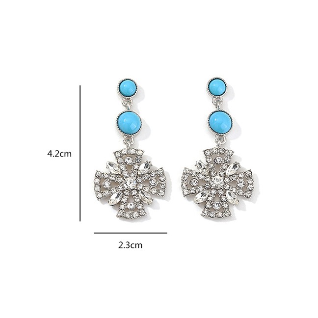 LRC Anting Tusuk Fashion Silver Blue Turquoise Long Zircon Flower Earrings D94454