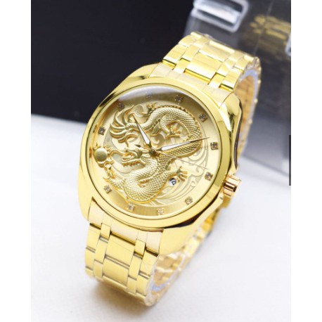 Jam Tangan Pria Anti Air Quartz Motif Naga Full GOLD Analog with date.