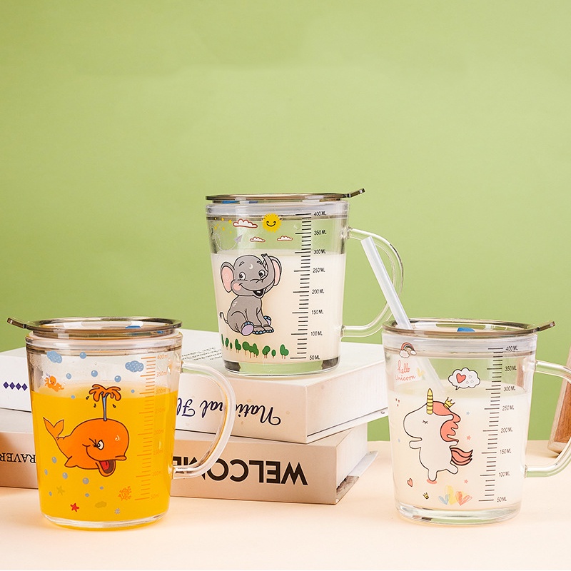 GELAS KACA SERBAGUNA MOTIF CARTOON / ANIMAL DENGAN SEDOTAN DAN PENUTUP ANTI TUMPAH 400ML DAN 500ML GELAS SUSU ANAK GELAS JUS GELAS UKURAN
