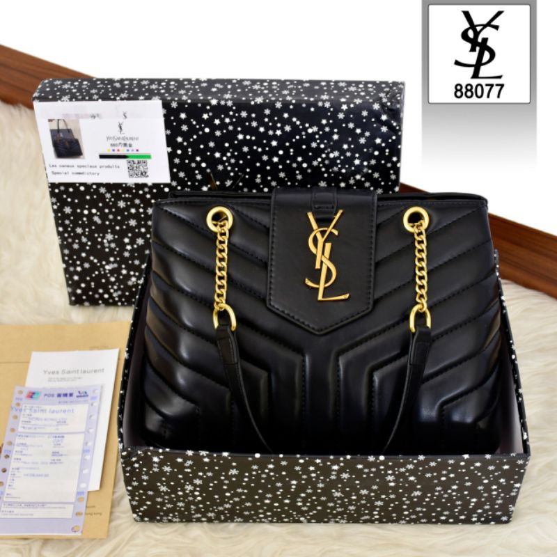 TAS YSL SAINT LAURENT LOU-LOU GOLD CHAIN FLAP BAG 88077 PLATINUM LIKE ORI
