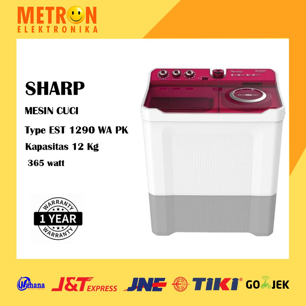 SHARP EST 1290 WA PK / MESIN CUCI PINK 12 KG 2 TUBE DOLPHIN WAVE / EST1290WAPK