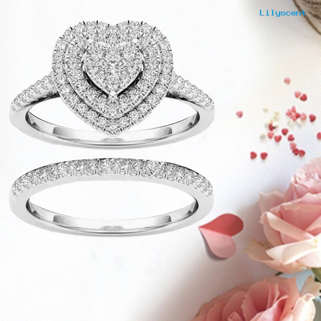 2pcs / Set Cincin Berlian Imitasi Bentuk Hati Bahan Alloy Untuk Pengantin Wanita