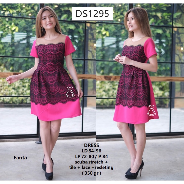 DS1295 - DRESS PESTA MIDI FLARE WANITA LACE SCUBA DRESS NATAL MODERN GROSIR MURAH