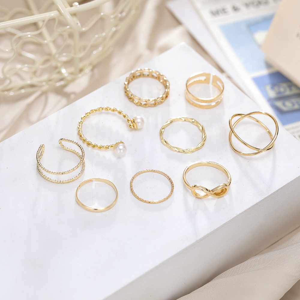 9pcs / set Cincin Silver Model Terbuka Dengan Mutiara Untuk Wanita