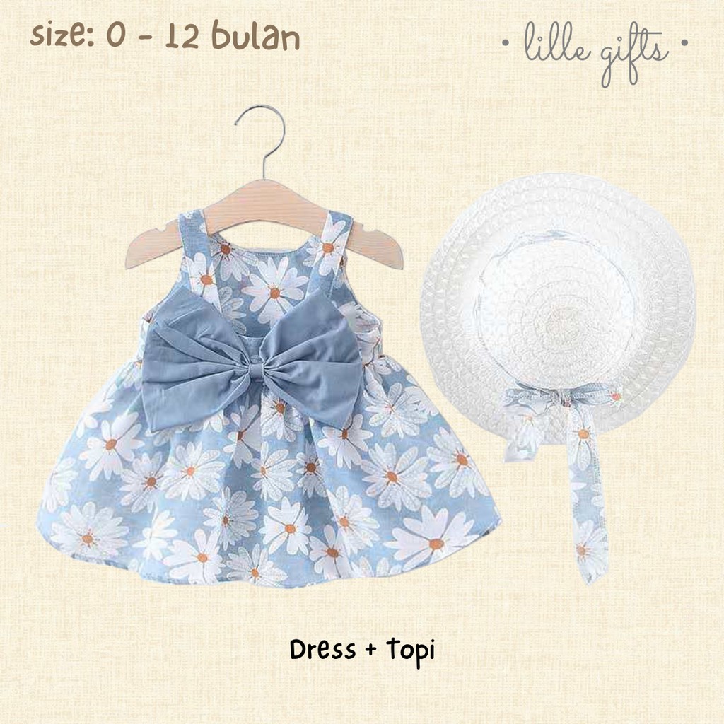 Summer Set - Dress Topi Setelan Baju Bayi Perempuan - Size Baby 0 - 12 Bulan - Lillegifts