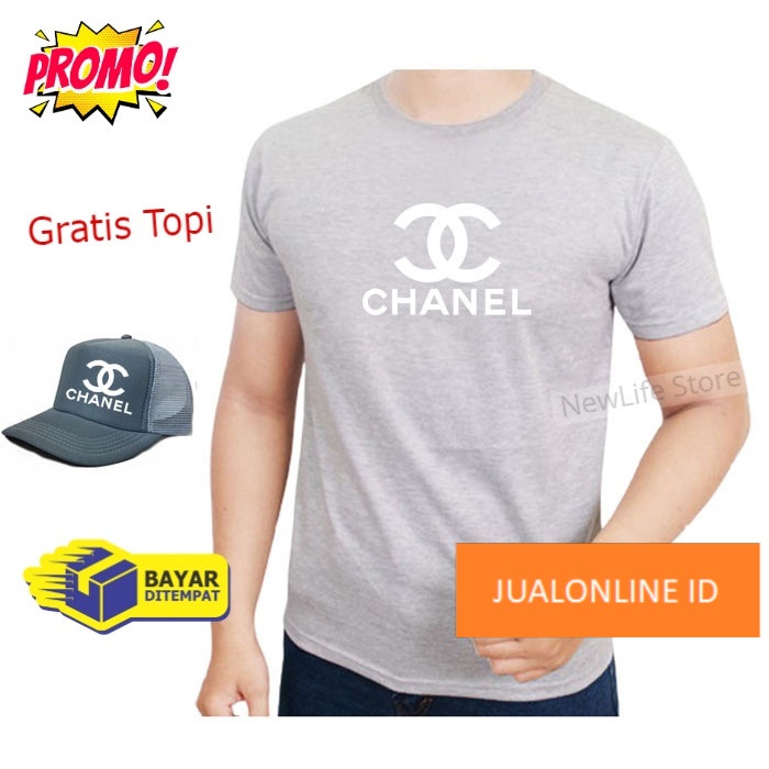 Beli Baju Gratis Topi - Kaos Distro Chanel Putih Premium Pria Wanita Lengan Pendek