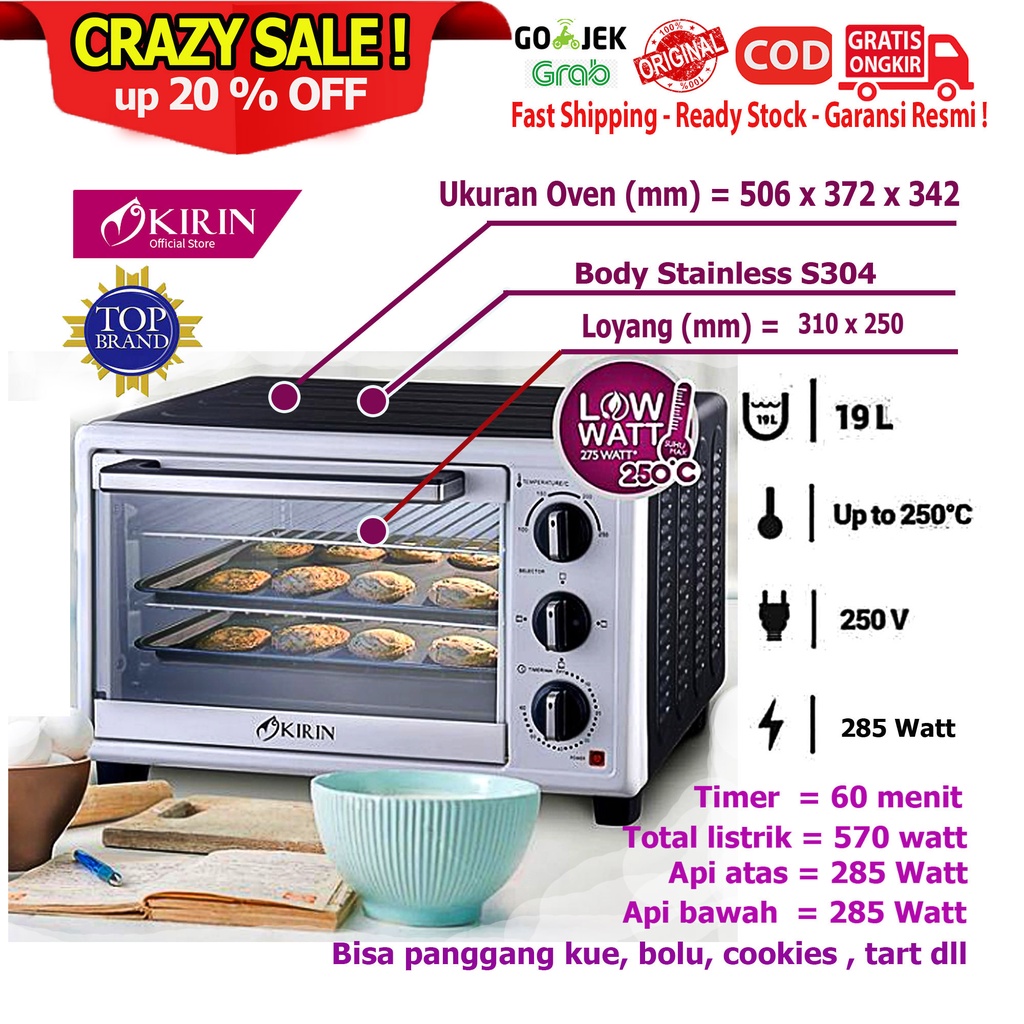Oven Listrik Low Watt Kirin KBO 190 LW 190LW 19 Liter Open Listrik Kirin Low Watt  19 L