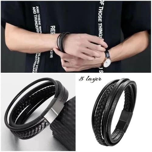 GELANG FASHION 5 LAYERS PRIA BRACELET KULIT LEATHER PREMIUM HITAM BLACK