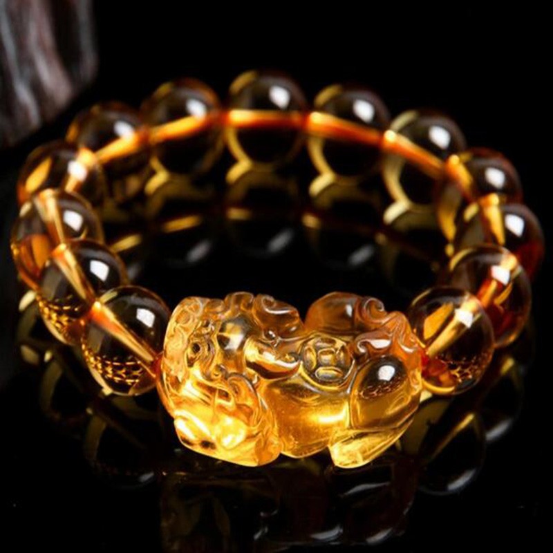 Gelang Manik-Manik Citrine Pixiu Keberuntungan Ukuran 10/12/14Mm Untuk Kado Ulang Tahun