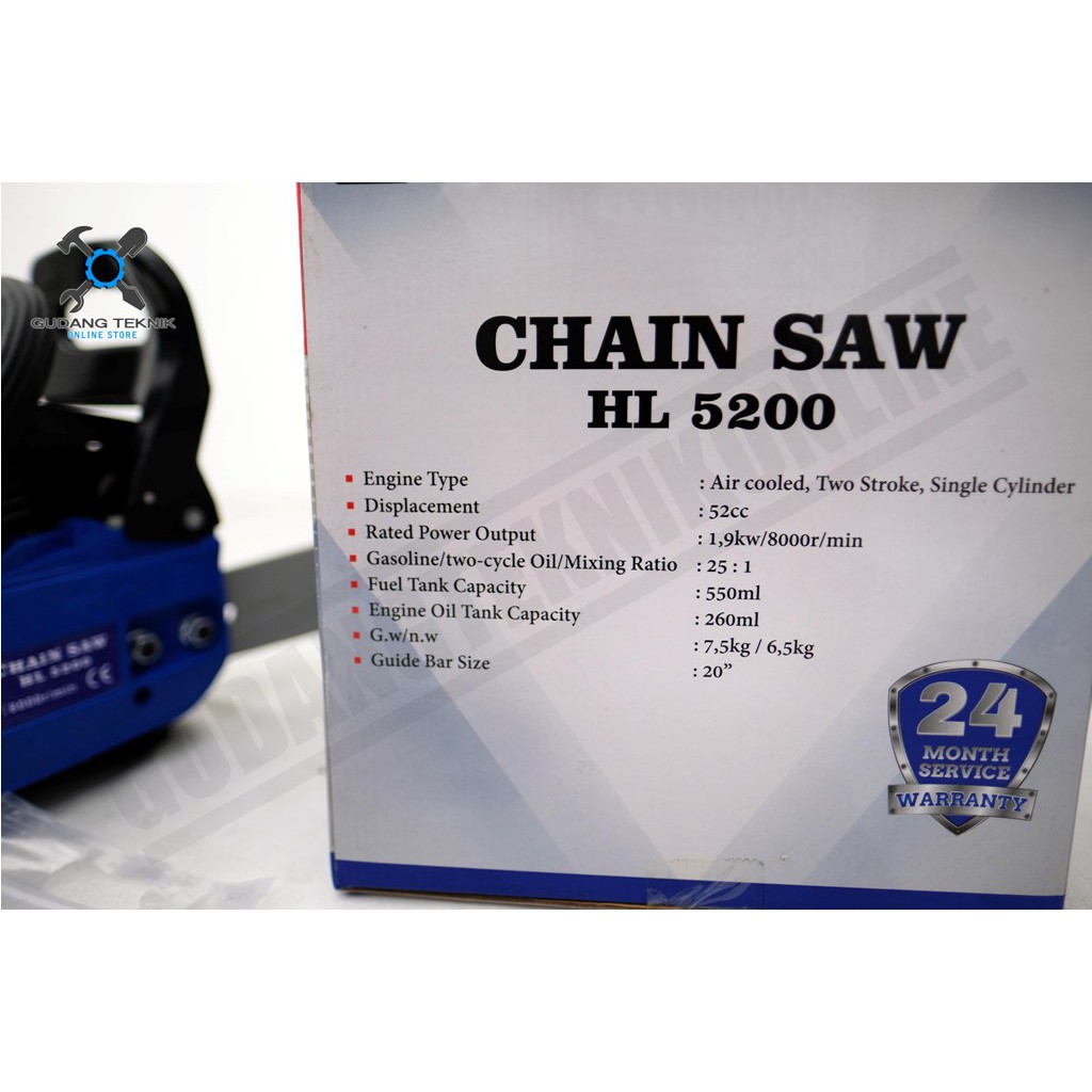 Mesin Gergaji Potong Kayu Chainsaw H&amp;L HL 5200 / Chain Saw HNL HL5200 20&quot; Inch Gigi