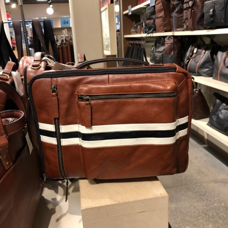 Tas Punggung Backpack Kulit Coklat Fossil Buckner Commuter Cognac Stripe
