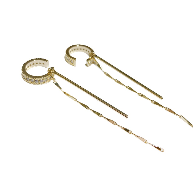 Anting Klip Tanpa Tindik Bentuk C Rumbai Panjang Hias Zircon Untuk Wanita