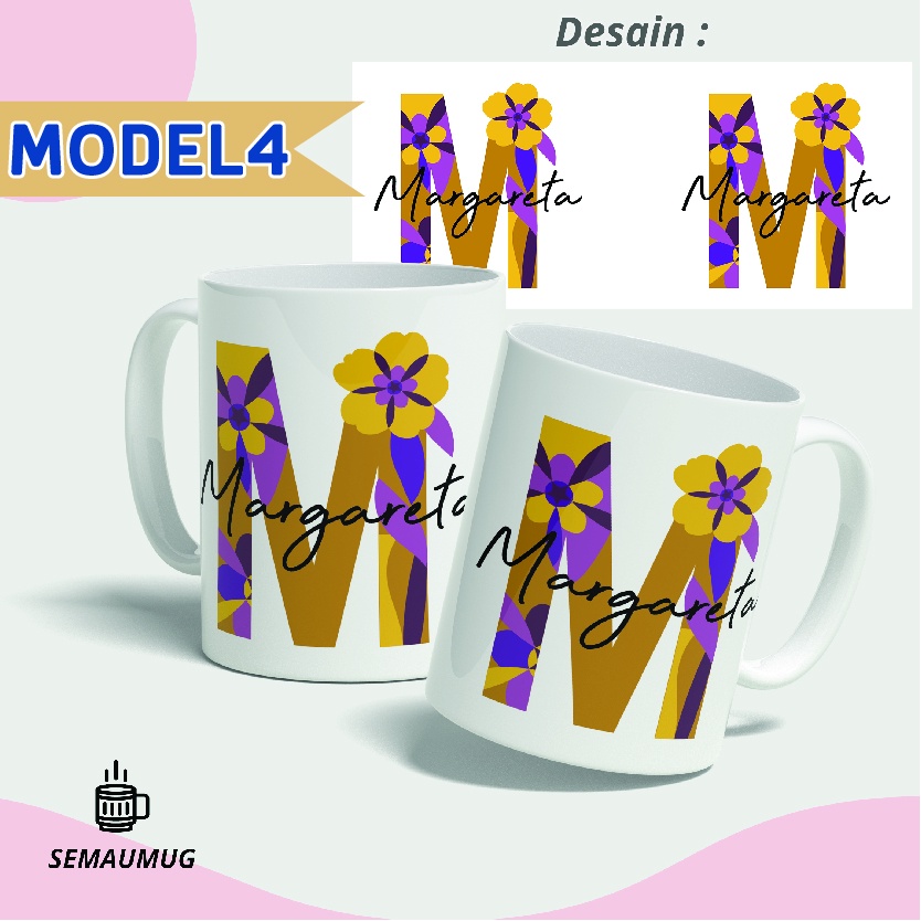 MUG BISA REQUEST NAMA ABJAD TEMA BUNGA KADO GELAS CANGKIR  PRINT CUSTOM SEMAUMUG