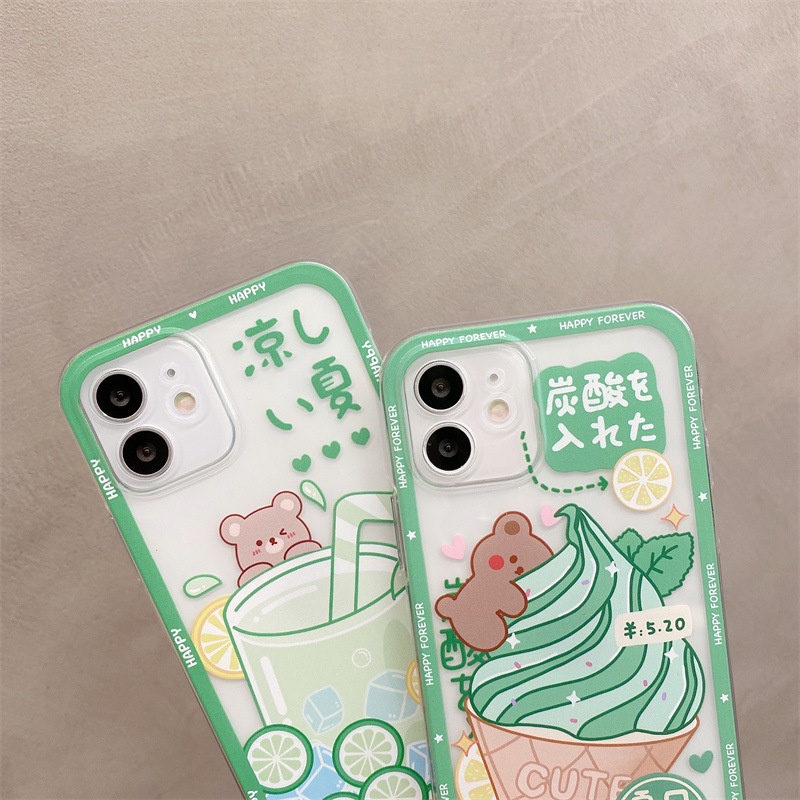 IPHONE Musim Panas Hijau Minum Es Krim Perlindungan Penuh Transparan Phone Case Cover Untuk Iphone6 6s 78 PLUS X XR XS 11 12 13 PRO MAX SE 2020