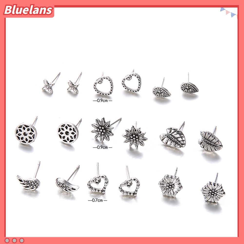 9 Pasang / Set Anting Stud Desain Hati Daun Bunga Gaya Retro Bohemia Untuk Wanita