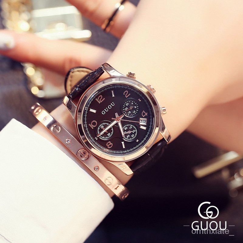 【Factory Outlet】GUOU Hong Kong Guou Jam Tangan Wanita Tiga Mata Multi-Fungsi Belt Klasik Retro Kasual Quartz Watch Wa