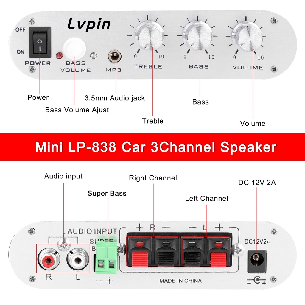 Ampli Amplifire 20Wx2 RMS Plus 15W Subwoofer LVPIN Mini HiFi Stereo Amplifier Treble Bass Booster 12V 20W - LP-838 Mini HIFI Audio Stereo Power Amplifier Subwoofer Car mobil Accessories MP3 Car Channels Low Distortion Household Super Bass