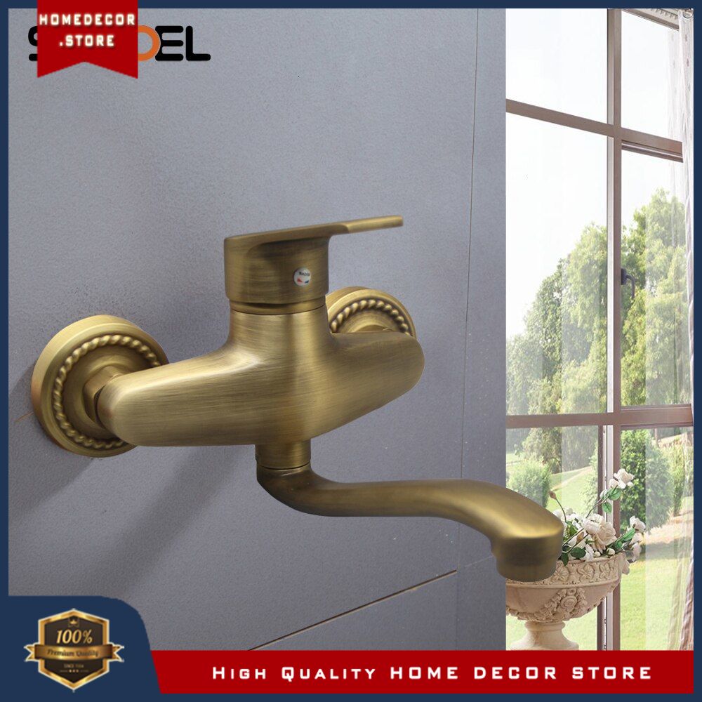 Classic Antique Brass Bathroom Sink Faucet Mixers Wall Mounted Dual Hole Single Handle Retro Copper Shopee Indonesia