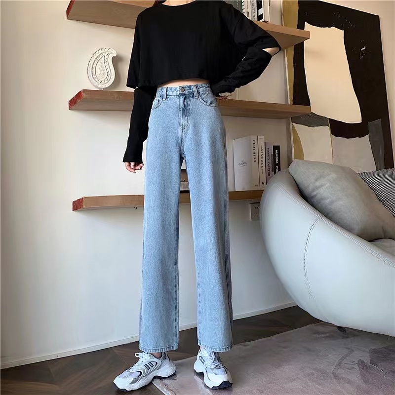 korean style new perpecahan biru high waist kekinian kulot longgar celana jeans panjang wanita